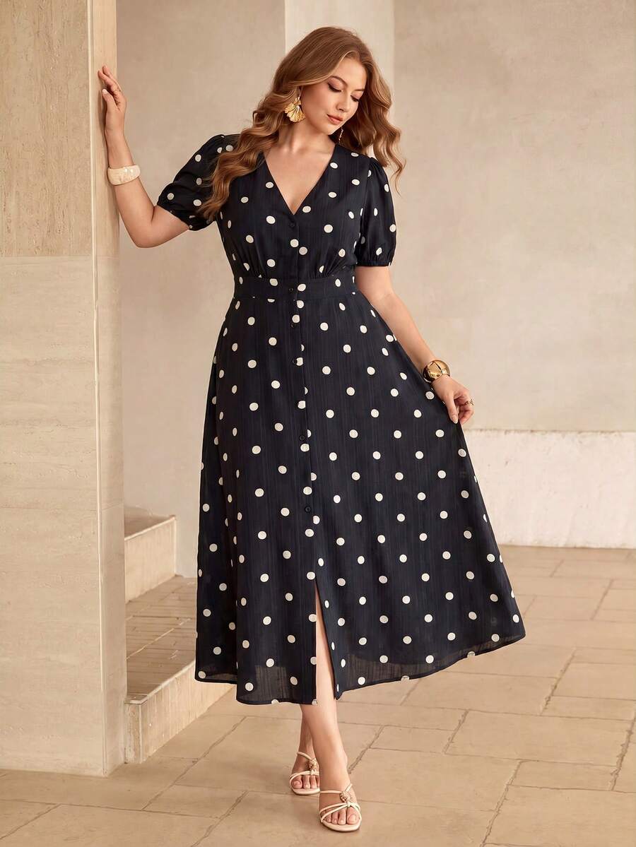Shop a blue and white polka dot linen maxi dress for women. Perfect for French-inspired summer style, vacations, brunch, beach days, and casual outings.