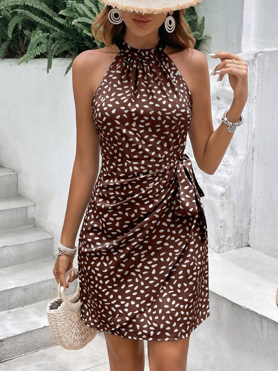 Brown halter mini dress with white irregular spot pattern