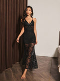 Black floral lace maxi nightgown full front view