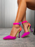 Fuchsia coral purple pointed ankle strap stiletto pumps side view