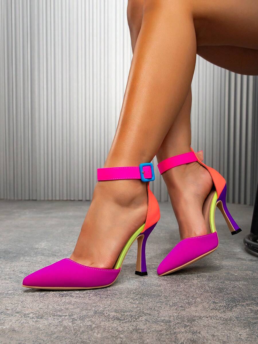 Fuchsia coral purple pointed ankle strap stiletto pumps side view