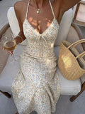 Front view of cream floral lace trim maxi dress