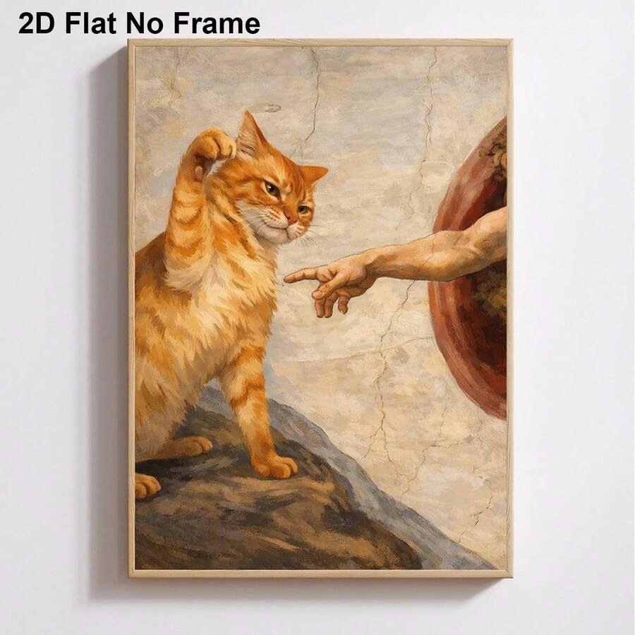 Wood-framed vintage cat canvas print above a desk, showing orange tabby and pointing hand in a cracked Renaissance-inspired mural