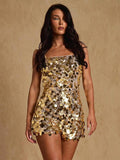 Front view of gold sequin camisole romper with short hem