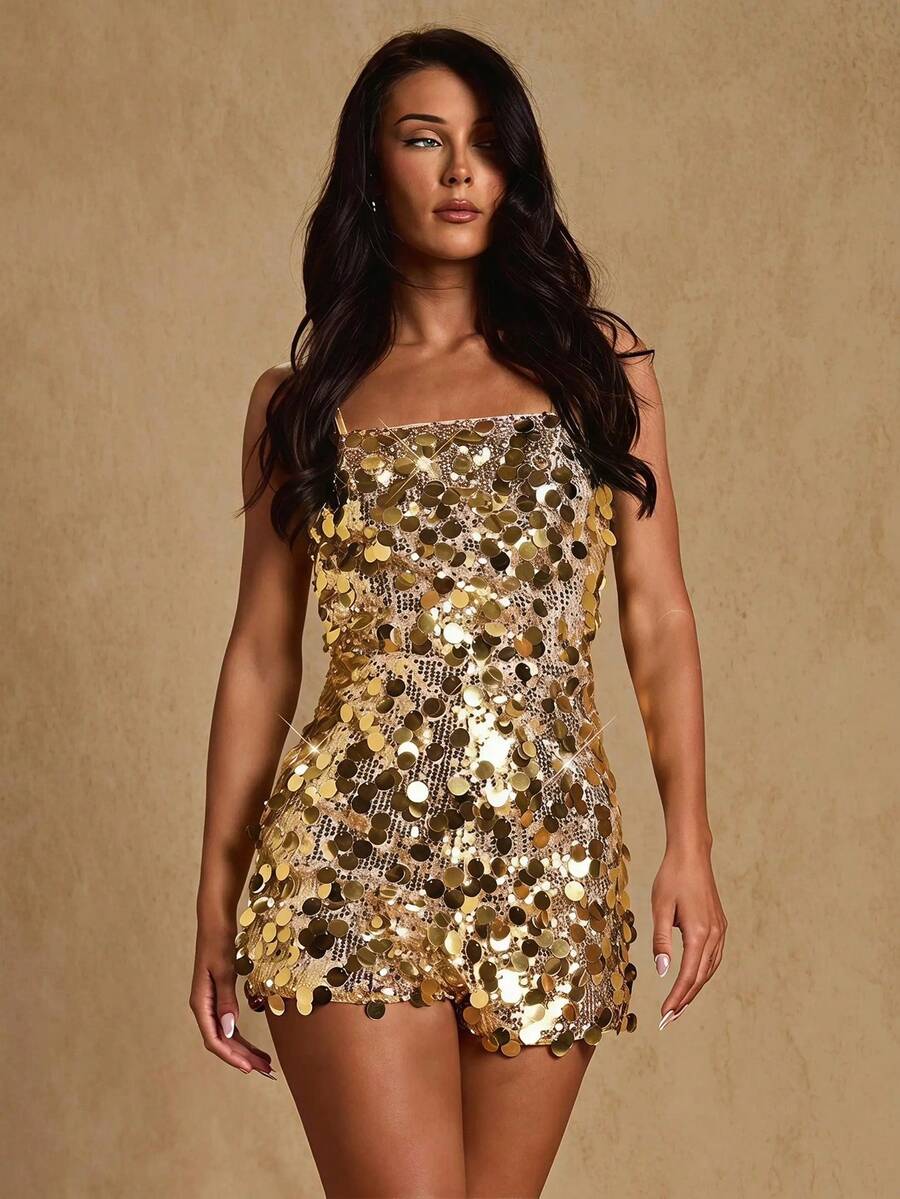Front view of gold sequin camisole romper with short hem