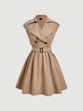 Side view of khaki fitted waist mini dress with matching buckle belt