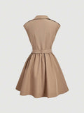 Back view of khaki sleeveless flared mini dress with belt