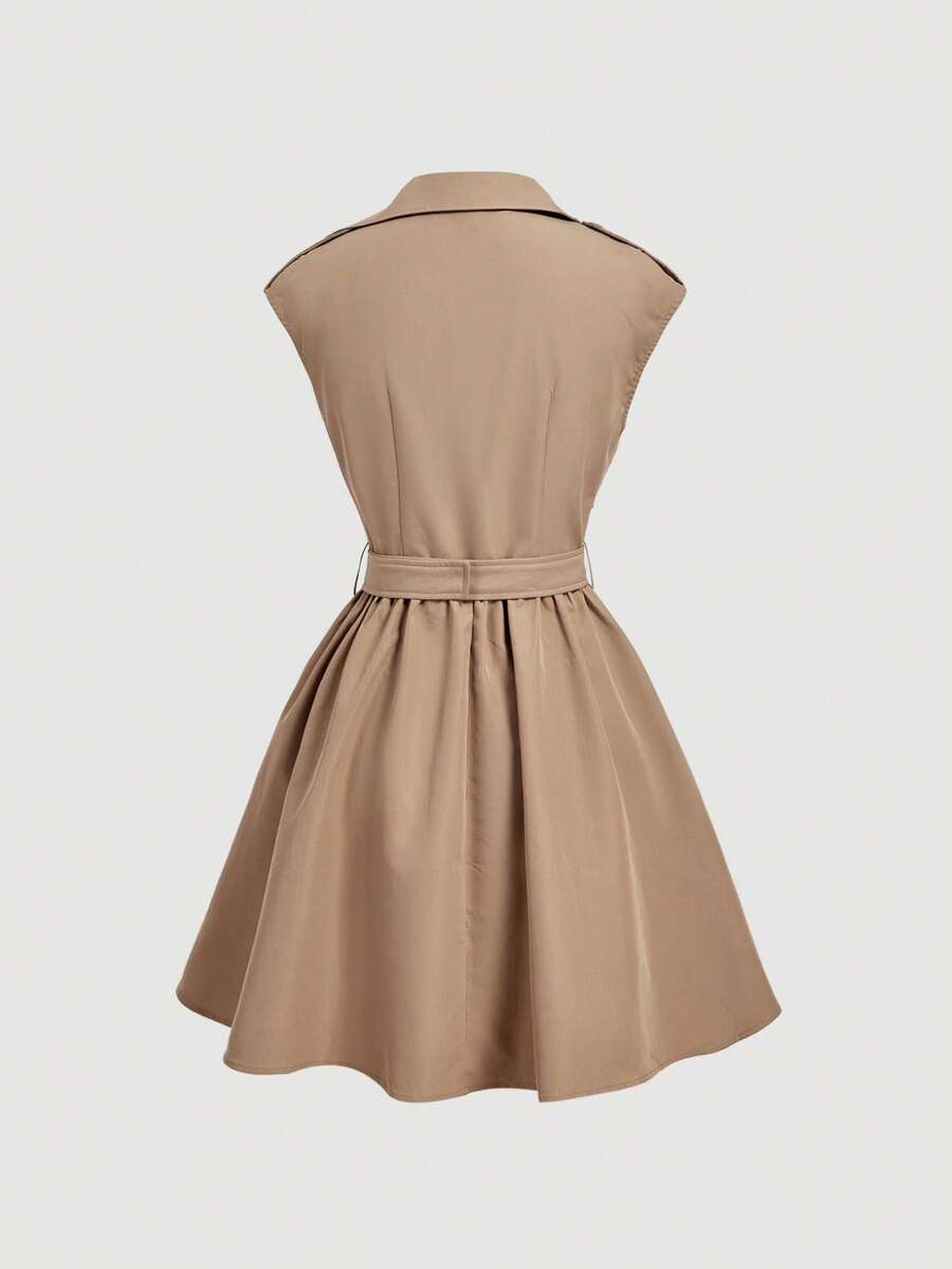 Back view of khaki sleeveless flared mini dress with belt