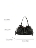 Black drawstring shoulder bag with Fashion and Bag front text and pleated pouch body