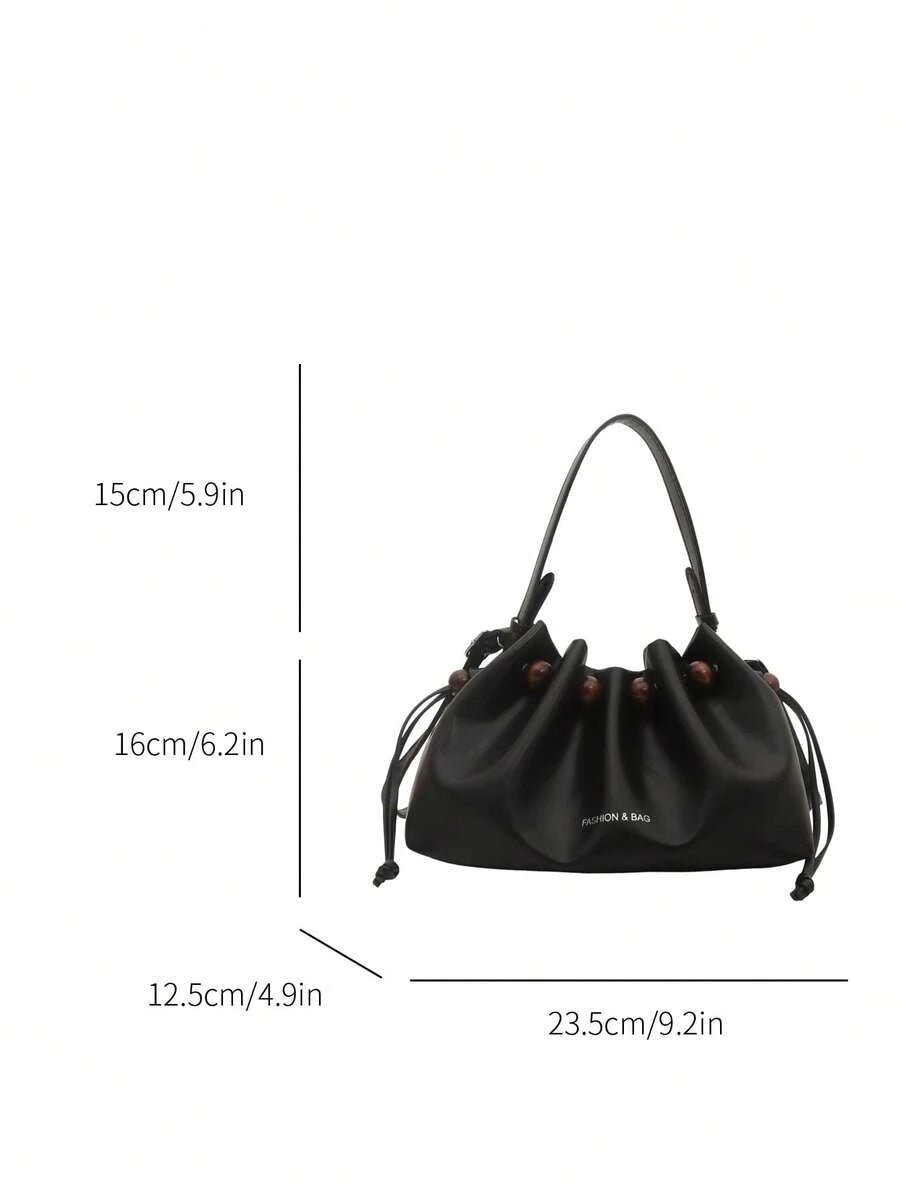 Black drawstring shoulder bag with Fashion and Bag front text and pleated pouch body