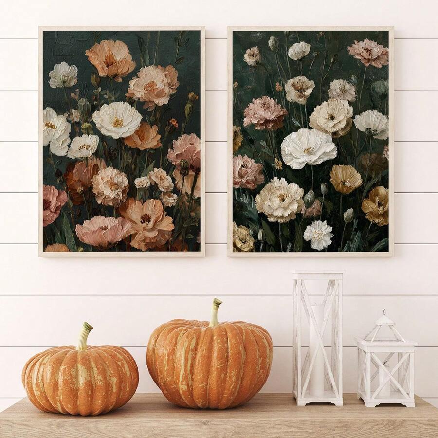 Pair of vertical vintage floral canvas wall art panels with painterly flowers on deep green backgrounds