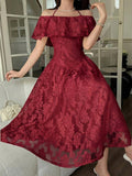 Burgundy floral lace-style off-shoulder ruffle A-line midi dress on model