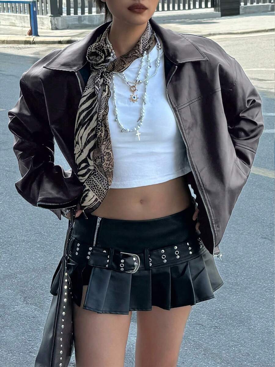 Front view of charcoal grey oversized bomber jacket with side pockets