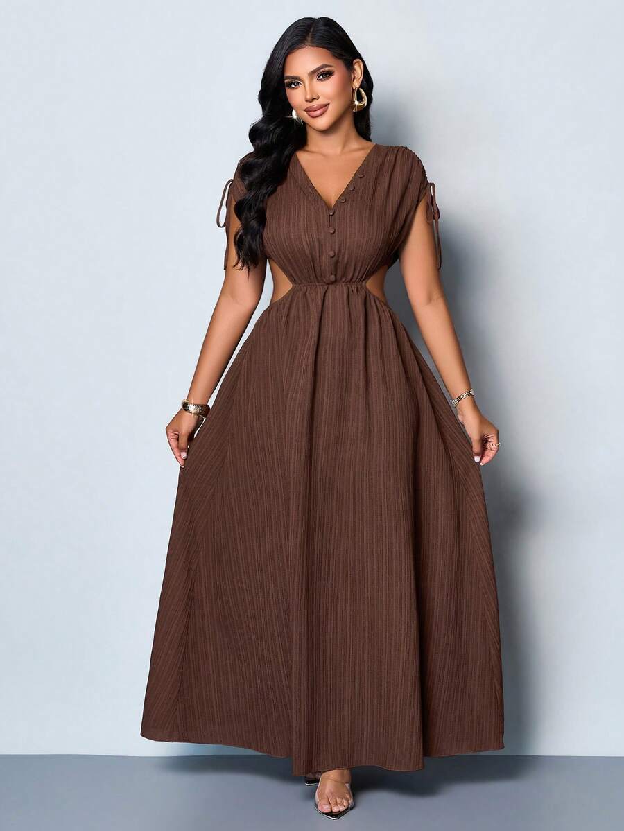 Front view of coffee brown V-neck cutout maxi dress with ruched cap sleeves and flared skirt