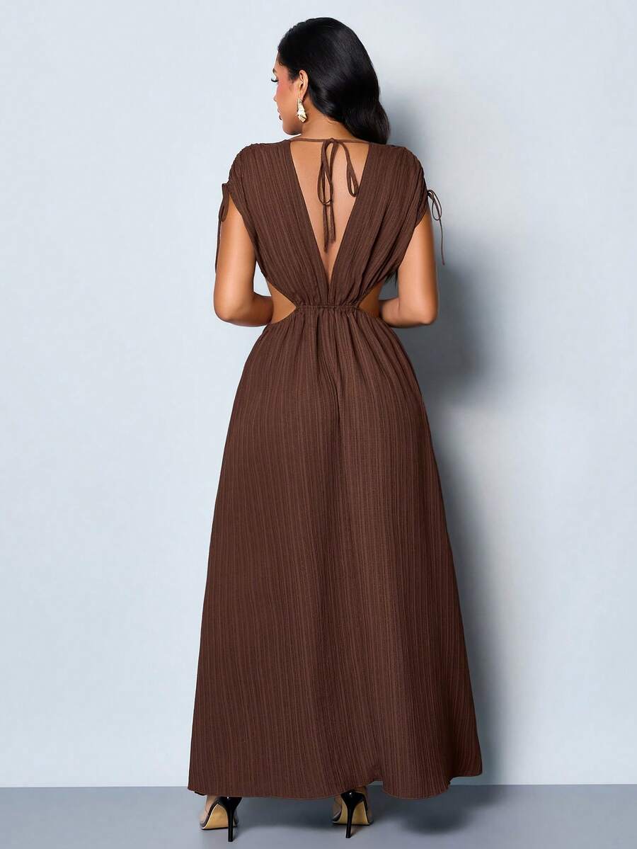 Front view of coffee brown V-neck cutout maxi dress with ruched cap sleeves and flared skirt