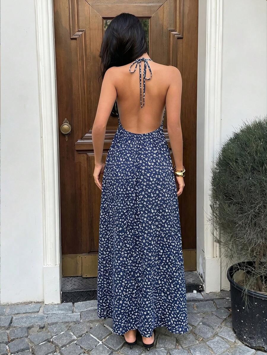 Capture effortless elegance with this blue plaid halter maxi dress, designed to blend classic charm with modern sophistication.