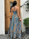 Back view teal blue mustard paisley maxi dress with halter tie and smocked back
