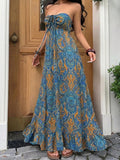 Teal blue mustard paisley maxi dress with strapless bodice and ruffle hem