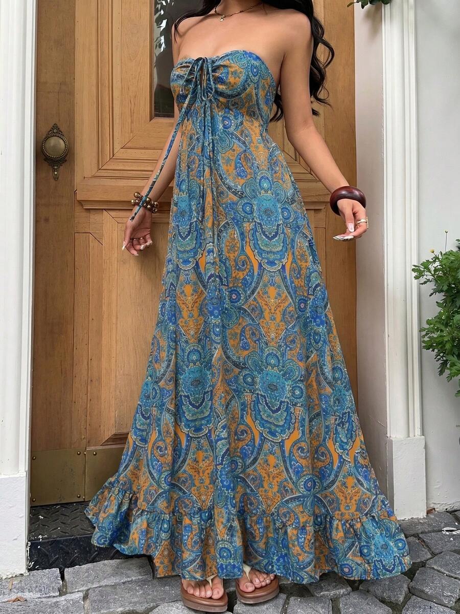 Teal blue mustard paisley maxi dress with strapless bodice and ruffle hem