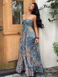Full front teal blue mustard paisley halter maxi dress with flared skirt