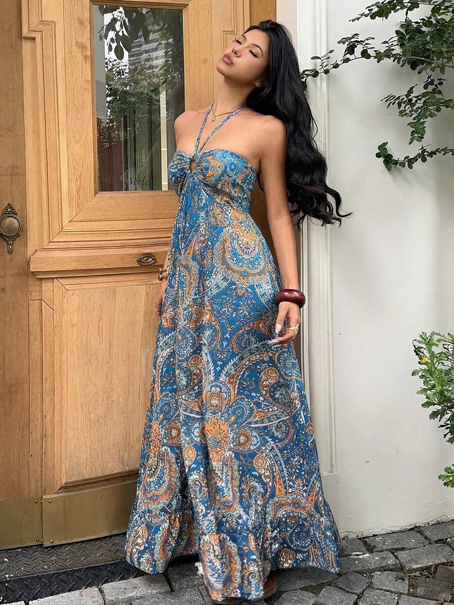Full front teal blue mustard paisley halter maxi dress with flared skirt