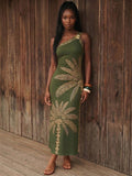 Front view of olive green palm print one-shoulder maxi dress with floral shoulder accent