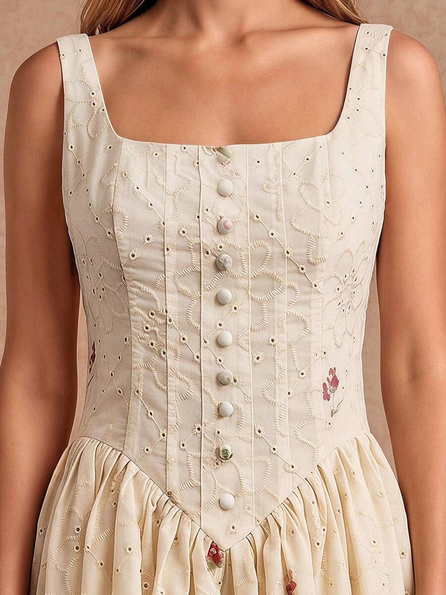 View 1 of ivory floral eyelet button front mini dress with square neckline, wide straps, fitted V waist bodice, back zip, and skater skirt