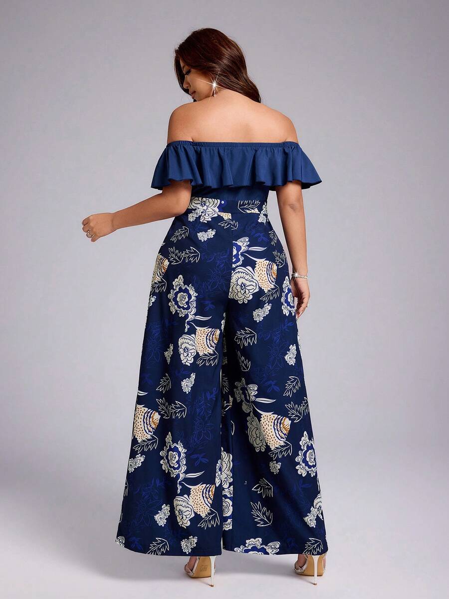 Shop a plus size gold lace jumpsuit with an off-shoulder neckline and cinched waist. Perfect for weddings, parties, banquets, dinners, and formal events.