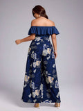 Shop a plus size gold lace jumpsuit with an off-shoulder neckline and cinched waist. Perfect for weddings, parties, banquets, dinners, and formal events.