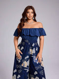 Shop a plus size gold lace jumpsuit with an off-shoulder neckline and cinched waist. Perfect for weddings, parties, banquets, dinners, and formal events.