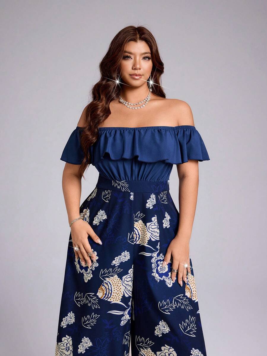 Shop a plus size gold lace jumpsuit with an off-shoulder neckline and cinched waist. Perfect for weddings, parties, banquets, dinners, and formal events.