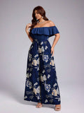 Shop a plus size gold lace jumpsuit with an off-shoulder neckline and cinched waist. Perfect for weddings, parties, banquets, dinners, and formal events.