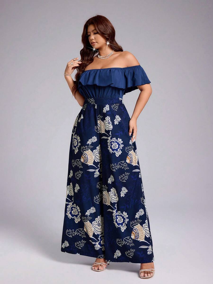Shop a plus size gold lace jumpsuit with an off-shoulder neckline and cinched waist. Perfect for weddings, parties, banquets, dinners, and formal events.