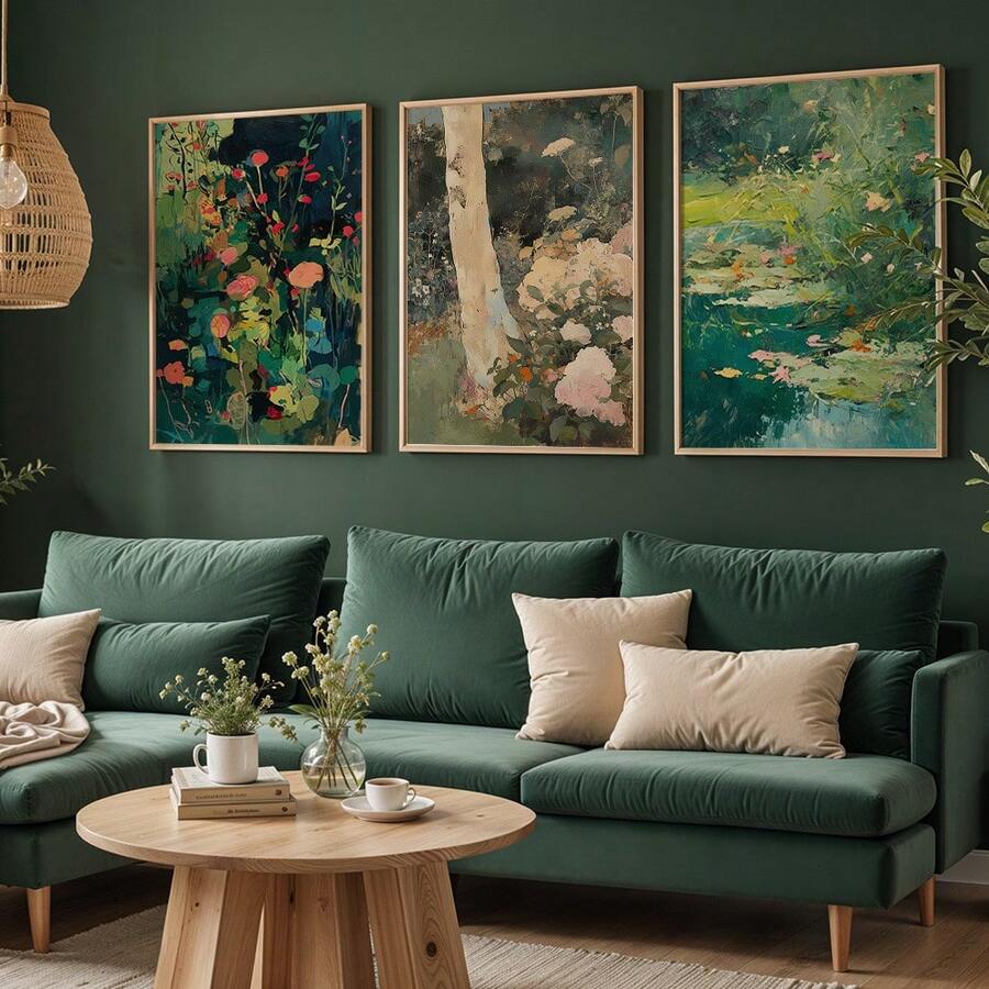 Front entryway mockup of three-piece botanical canvas art with teal florals and water lily prints above a bench