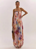 Strapless watercolor floral wide-leg jumpsuit front view