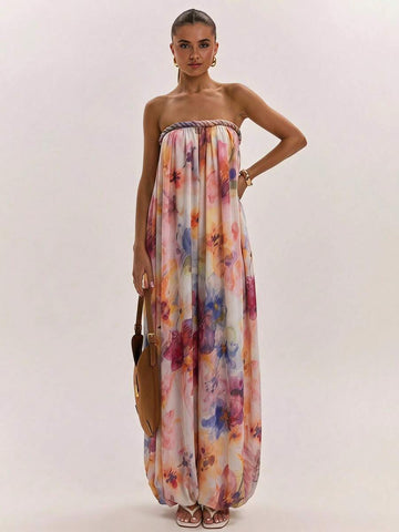 Strapless watercolor floral wide-leg jumpsuit front view