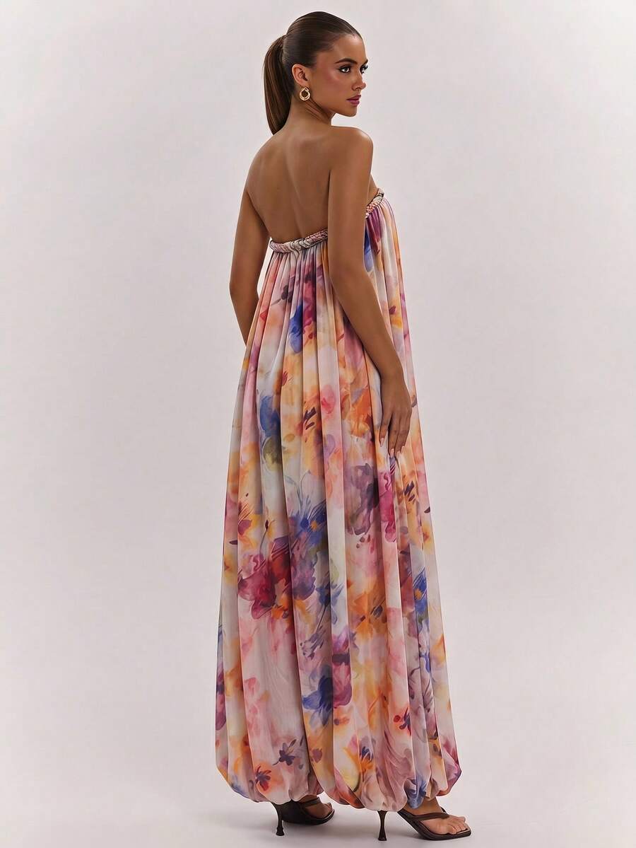 Strapless watercolor floral wide-leg jumpsuit front view