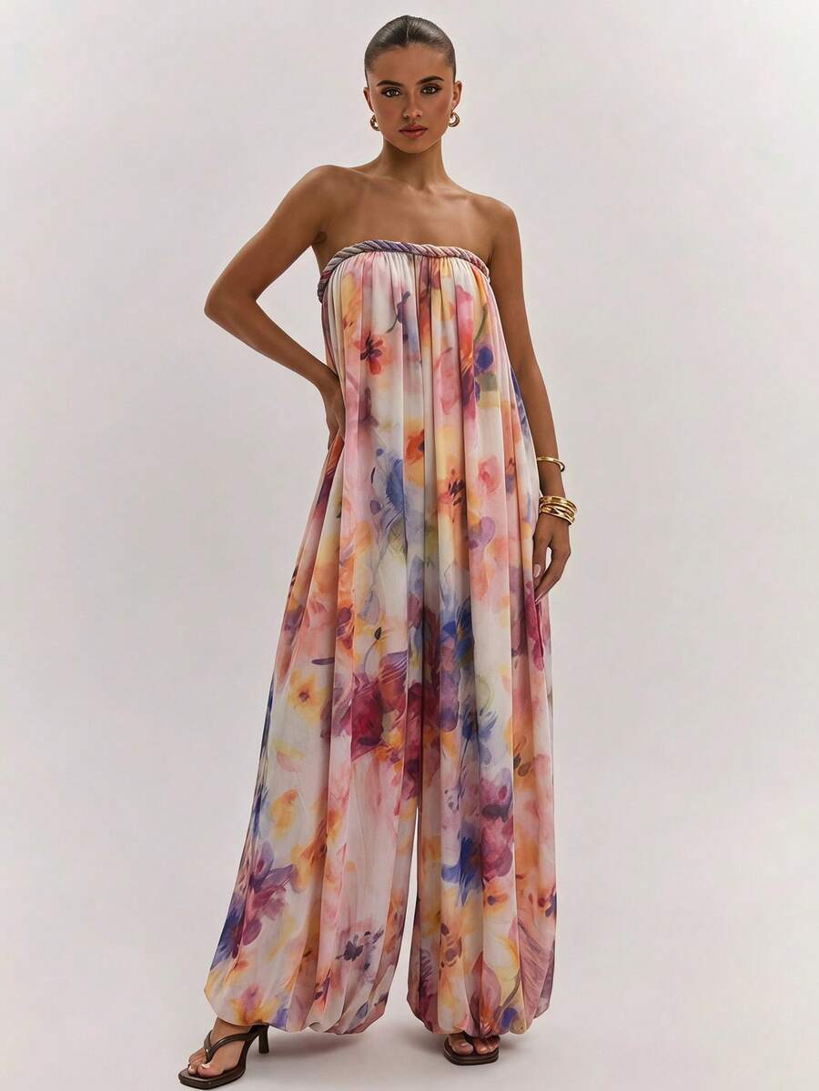 Cream floral jumpsuit showing separate wide legs