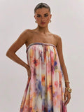 Watercolor floral bandeau neckline and gathered bodice close-up