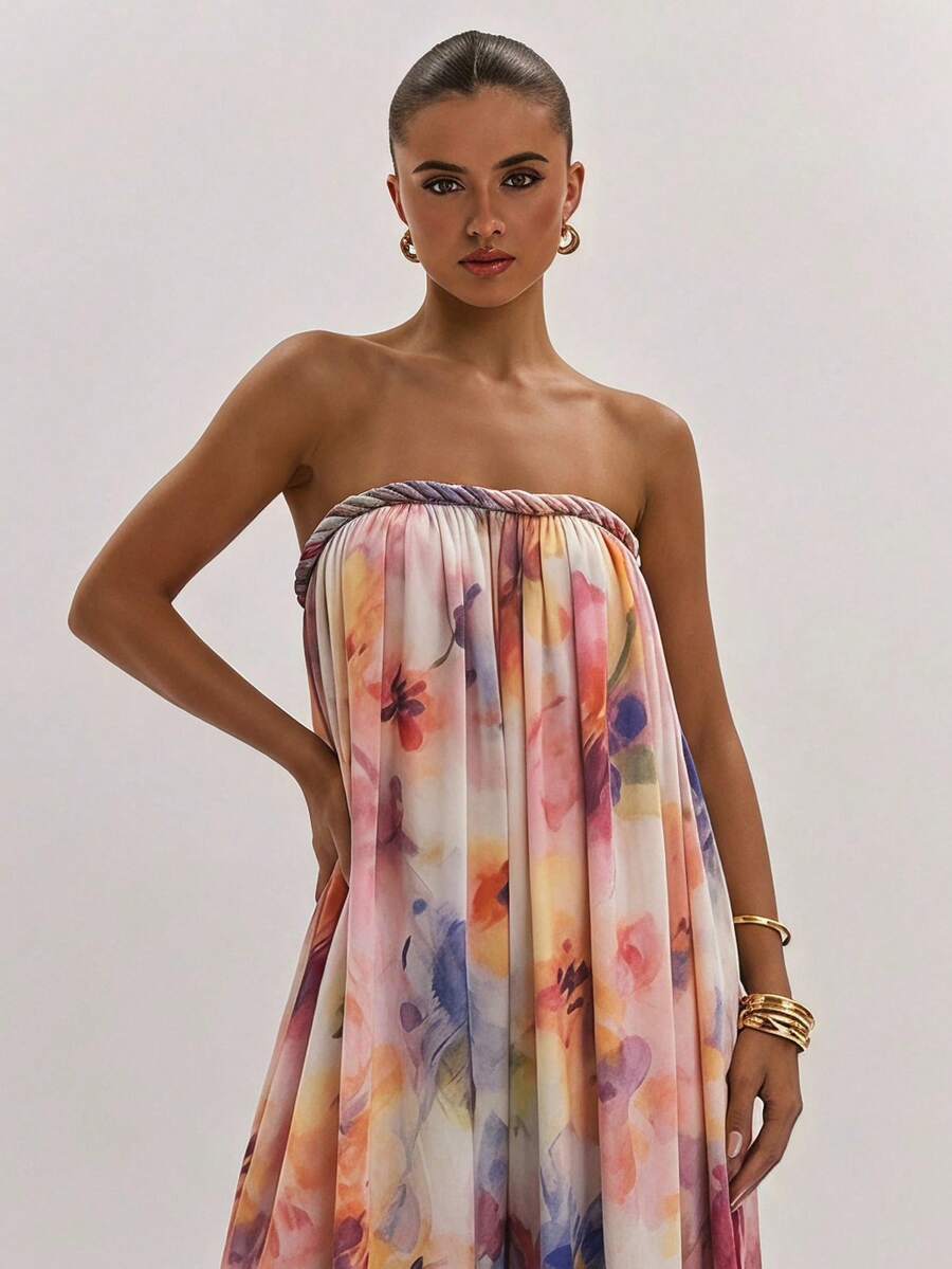 Watercolor floral bandeau neckline and gathered bodice close-up