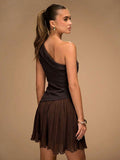 Back view dark brown one-shoulder mini dress with low asymmetrical back