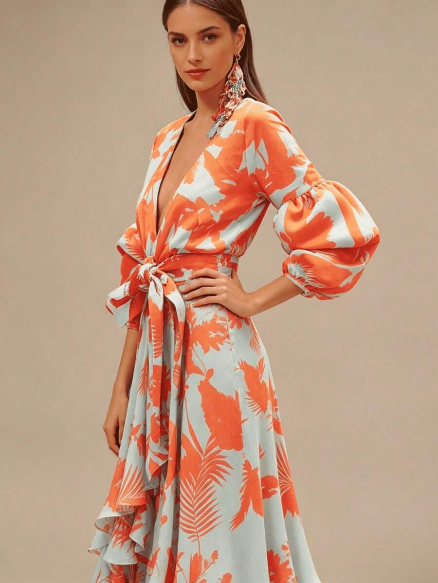 Mid-length front view of coral tropical print maxi dress with deep V-neck and bow belt