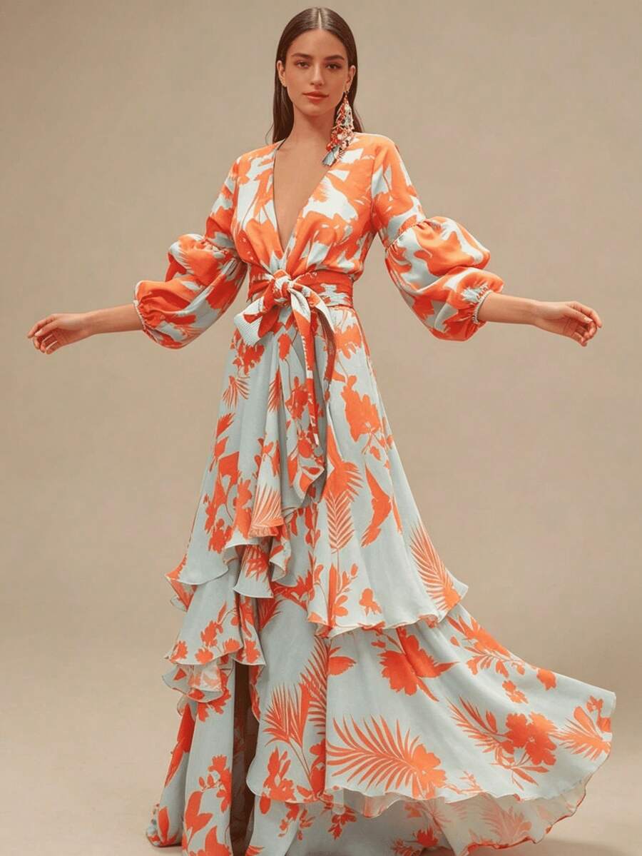 Full front motion view of coral tropical print belted maxi dress with cascading ruffles