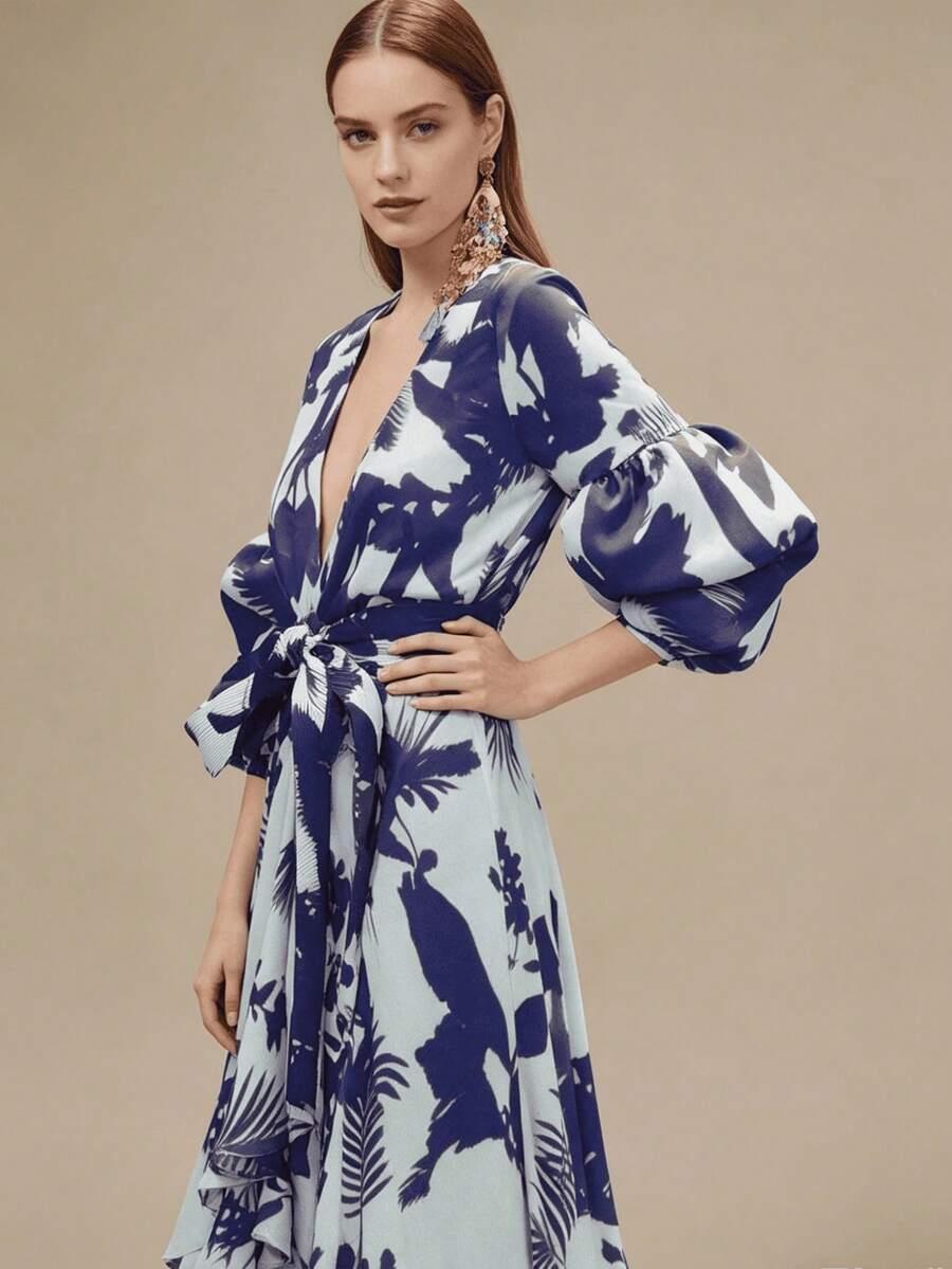 Mid-length view of navy tropical print maxi dress showing kimono sleeves and waist tie