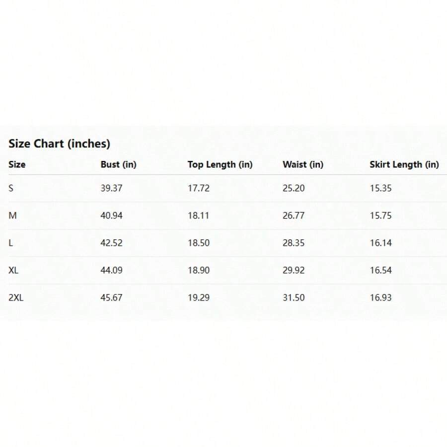 Size chart for cropped blazer and pleated mini skirt two-piece outfit
