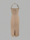 Beige solid fitted midi dress side view