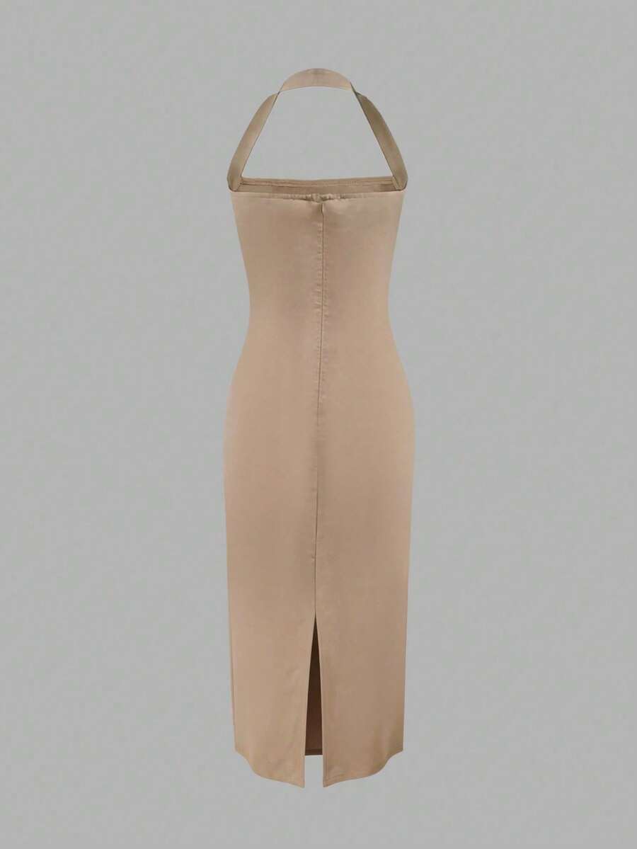 Beige solid fitted midi dress side view