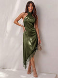 Angled front view of dark green backless satin halter mini dress with lace hem