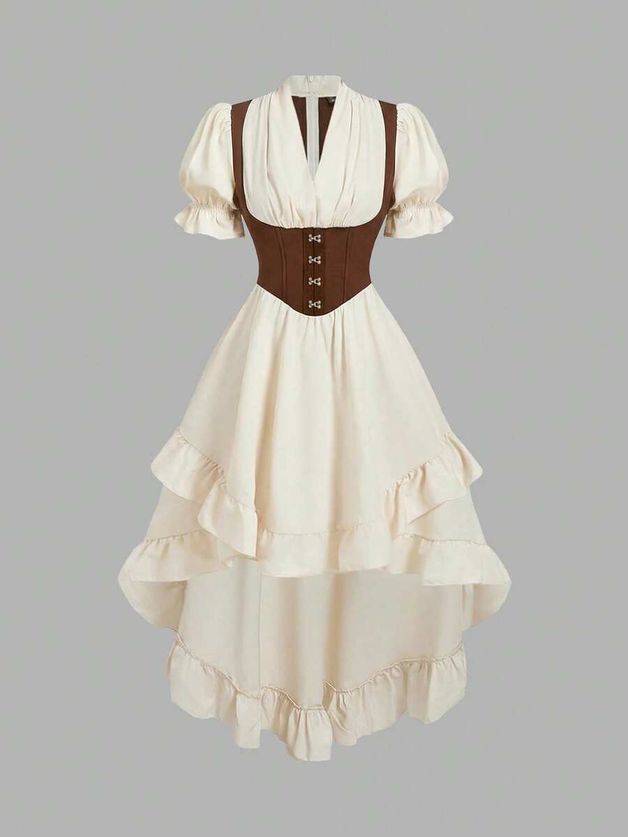 Cottagecore high-low midi dress with brown corset bodice