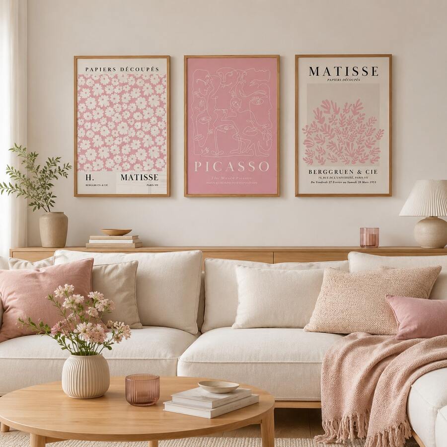 Three pink vintage-style canvas prints displayed above a cream living room sofa